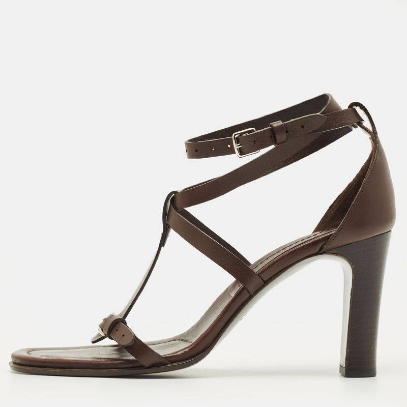 Herm&Egrave;S Size 39.5 Dark Brown Leather Ankle Strap Sandals